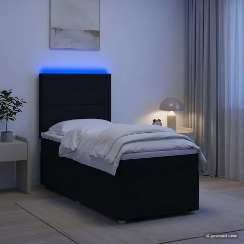 vidaXL Pat boxspring cu saltea cu benzi LED Negru 90 x 200 cm Țesătură