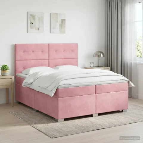 vidaXL Pat boxspring cu saltea cu benzi LED Roz 200 x 200 cm Catifea