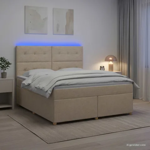 vidaXL Pat boxspring cu saltea cu benzi LED Crem 180 x 200 cm Țesătură
