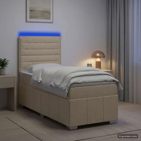 vidaXL Pat cu arcuri LED și saltea Crem 100 x 200 cm Țesătură