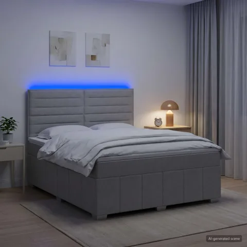 vidaXL Pat cu arcuri LED și saltea Gri deschis 160 x 200 cm Țesătură