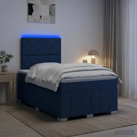 vidaXL Pat cu arcuri LED și saltea albastru 120 x 190 cm Țesătură
