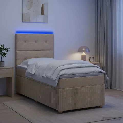 vidaXL Pat cu arcuri LED și saltea Crem 90 x 200 cm Țesătură