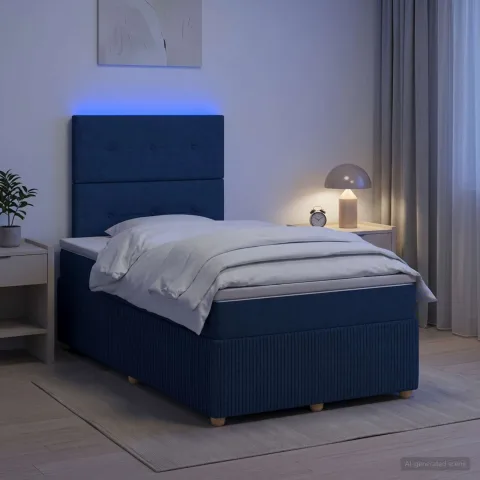 vidaXL Pat cu arcuri LED și saltea albastru 120 x 190 cm Țesătură
