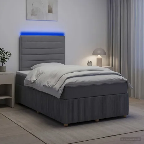 vidaXL Pat cu arcuri LED și saltea Gri deschis 120 x 190 cm Țesătură