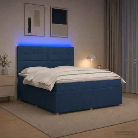 vidaXL Pat cu arcuri LED și saltea albastru 140 x 200 cm Țesătură