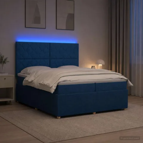 vidaXL Pat cu arcuri LED și saltea albastru 200 x 200 cm Țesătură