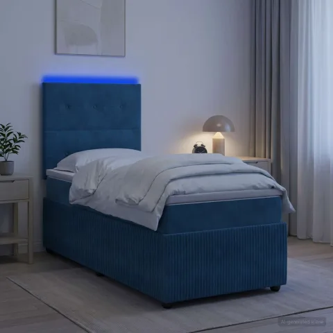 vidaXL Pat cu arcuri LED și saltea albastru 90 x 200 cm Catifea