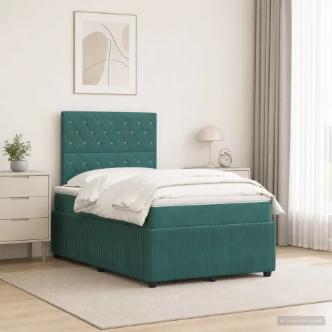 vidaXL Pat cu arcuri LED și saltea Verde închis 120 x 200 cm Catifea