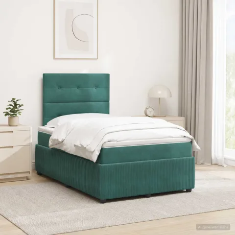 vidaXL Pat cu arcuri LED și saltea Verde închis 120 x 190 cm Catifea