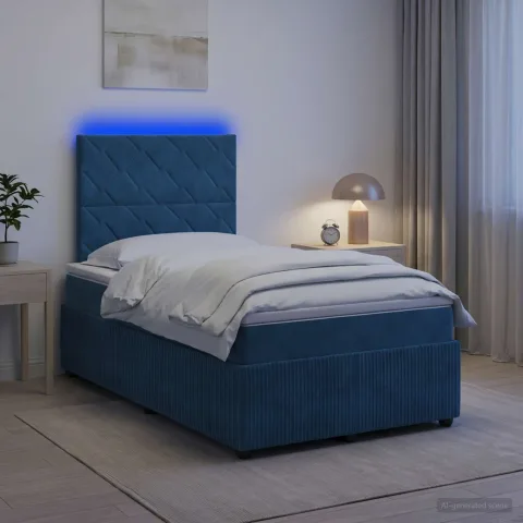 vidaXL Pat cu arcuri LED și saltea albastru 120 x 200 cm Catifea