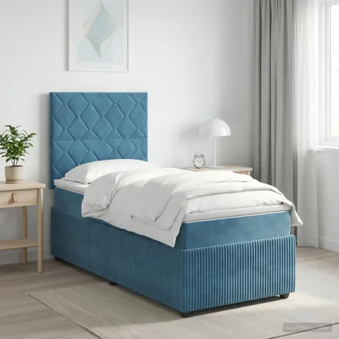 vidaXL Pat cu arcuri LED și saltea albastru 90 x 200 cm Catifea