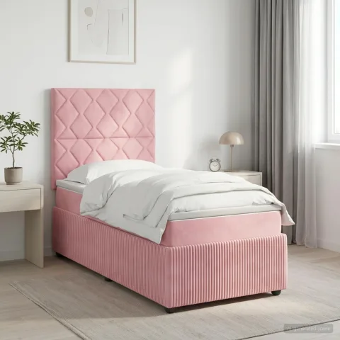 vidaXL Pat cu arcuri LED și saltea Roz 90 x 200 cm Catifea