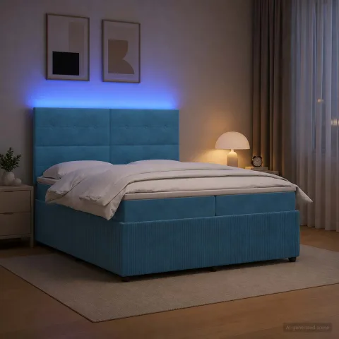 vidaXL Pat cu arcuri LED și saltea albastru 200 x 200 cm Catifea