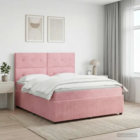 vidaXL Pat cu arcuri LED și saltea Roz 200 x 200 cm Catifea