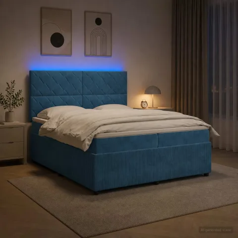 vidaXL Pat cu arcuri LED și saltea albastru 200 x 200 cm Catifea