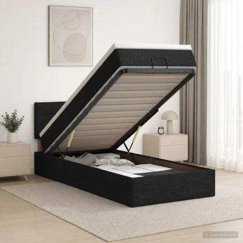 vidaXL Pat ottoman cu saltea cu headboard Negru 90 x 190 cm Țesătură