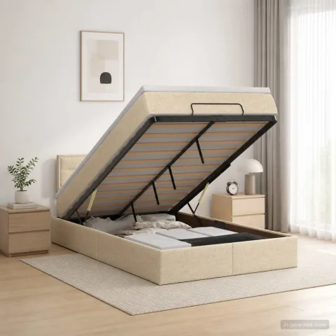 vidaXL Pat ottoman cu saltea cu headboard Crem 120 x 190 cm Țesătură