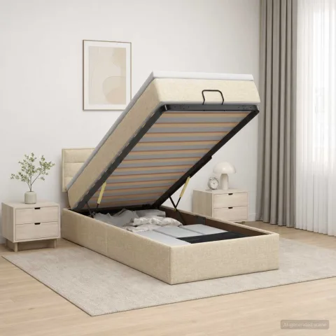 vidaXL Pat ottoman cu saltea cu headboard Crem 100 x 200 cm Țesătură