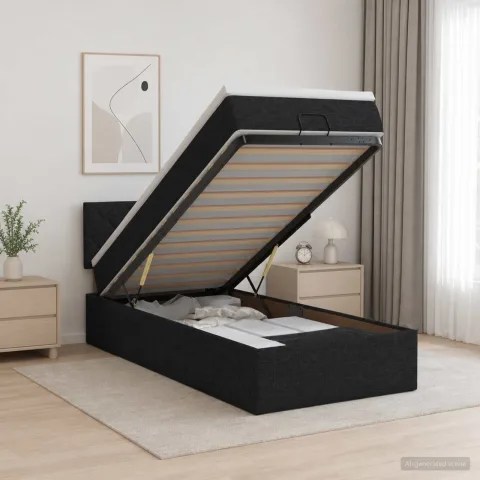 vidaXL Pat ottoman cu saltea cu headboard Negru 90 x 200 cm Țesătură