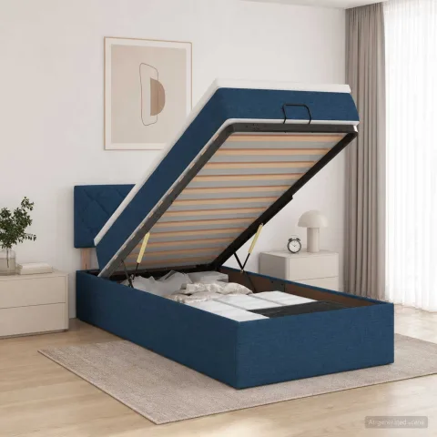 vidaXL Pat Ottoman cu Saltea și LED albastru 90 x 200 cm Țesătură