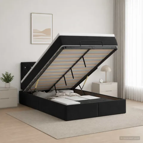 vidaXL Pat ottoman cu saltea cu headboard Negru 120 x 190 cm Catifea