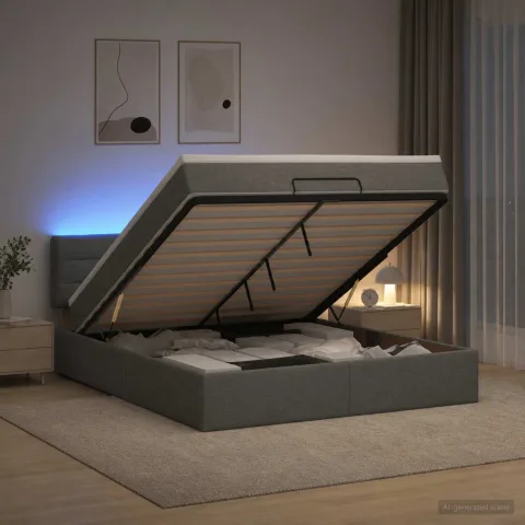 vidaXL Pat Ottoman cu Saltea și LED Gri închis 160 x 200 cm Țesătură