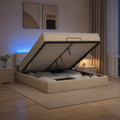vidaXL Pat Ottoman cu Saltea și LED Crem 180 x 200 cm Țesătură