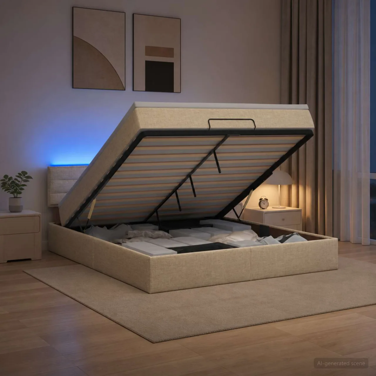 vidaXL Pat Ottoman cu Saltea și LED Crem 140 x 190 cm Țesătură