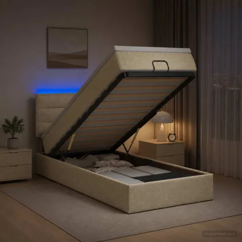 vidaXL Pat Ottoman cu Saltea și LED Crem 100 x 200 cm Țesătură