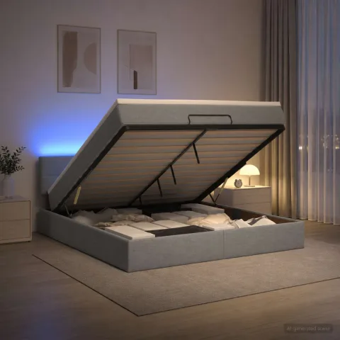 vidaXL Pat Ottoman cu Saltea și LED Gri deschis 180 x 200 cm Țesătură