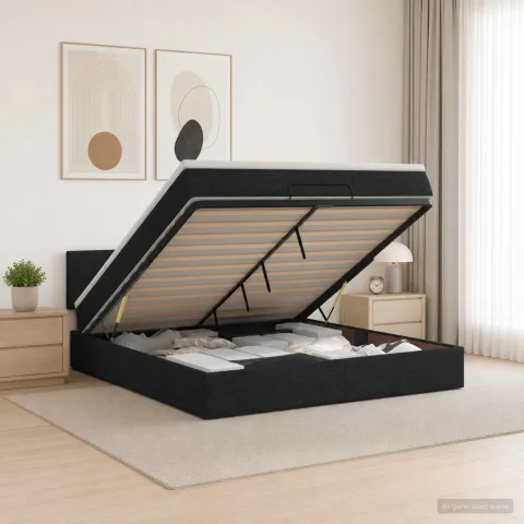 vidaXL Pat ottoman cu saltea cu headboard Negru 160 x 200 cm Țesătură