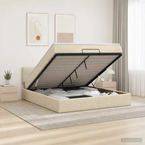 vidaXL Pat ottoman cu saltea cu headboard Crem 140 x 190 cm Țesătură