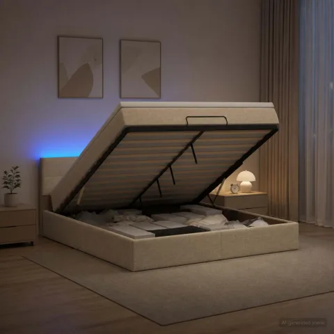 vidaXL Pat Ottoman cu Saltea și LED Crem 180 x 200 cm Țesătură