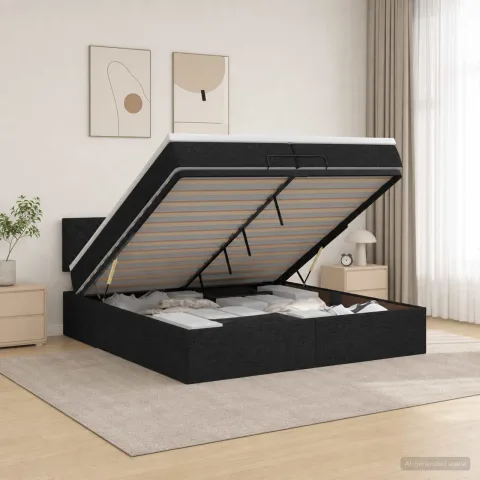 vidaXL Pat ottoman cu saltea cu headboard Negru 200 x 200 cm Țesătură