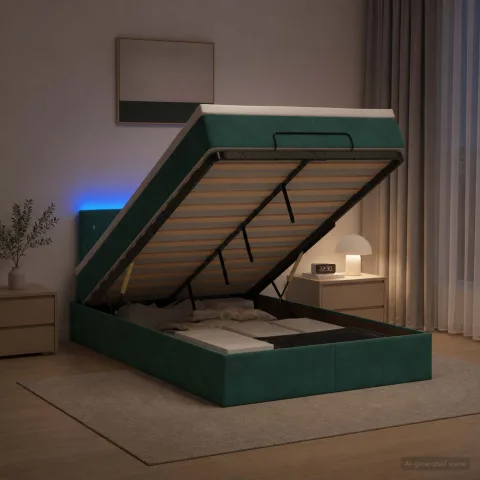vidaXL Pat Ottoman cu Saltea și LED Verde închis 120 x 200 cm Catifea