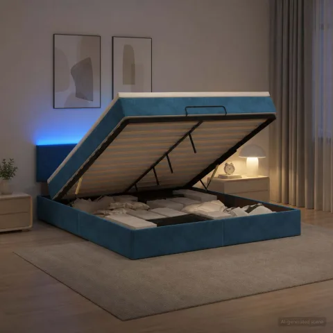 vidaXL Pat Ottoman cu Saltea și LED Albastru închis 140 x 190 cm