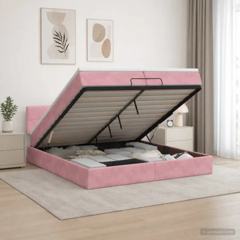 vidaXL Pat ottoman cu saltea cu headboard Roz 200 x 200 cm Catifea