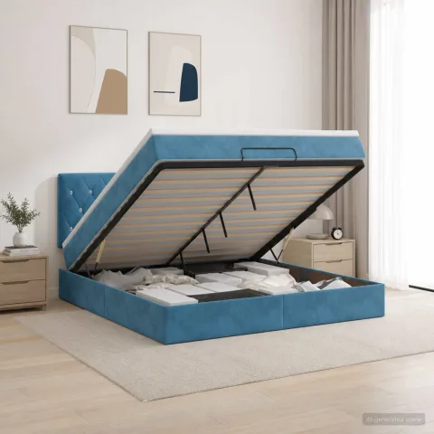 vidaXL Pat ottoman cu saltea Albastru închis 140 x 200 cm Catifea