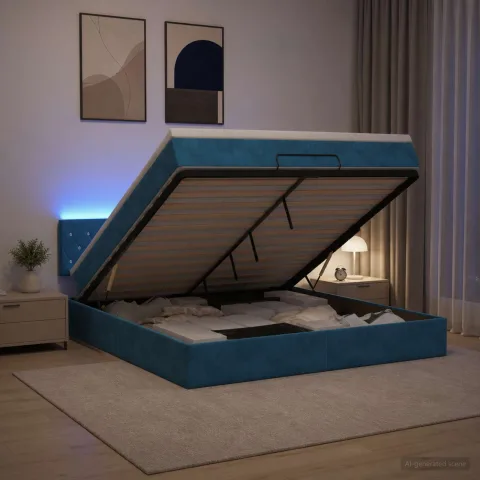 vidaXL Pat Ottoman cu Saltea și LED Albastru închis 140 x 200 cm