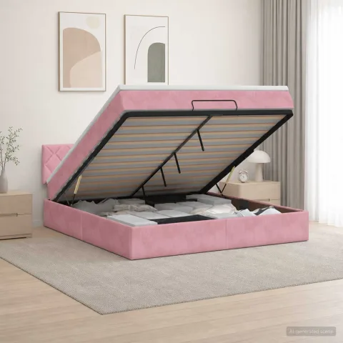 vidaXL Pat Ottoman cu Saltea și LED Roz 180 x 200 cm Catifea