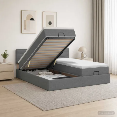 vidaXL Pat ottoman cu saltea cu headboard 2 buc. Gri închis Țesătură
