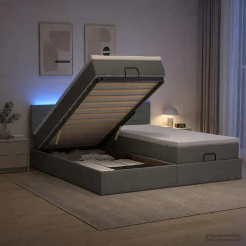 vidaXL Pat Ottoman cu Saltea și LED Gri închis 160 x 200 cm Țesătură
