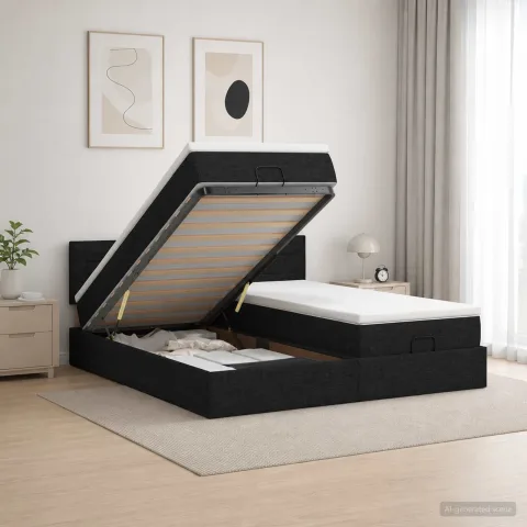 vidaXL Pat ottoman cu saltea cu headboard 2 buc. Negru Țesătură