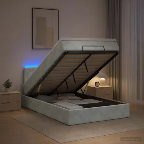 vidaXL Pat Ottoman cu Saltea și LED Gri deschis 120 x 200 cm Catifea