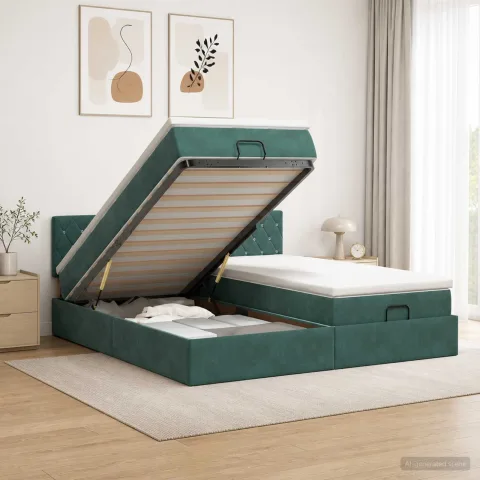vidaXL Pat Ottoman cu Saltea și LED Verde închis 200 x 200 cm Catifea