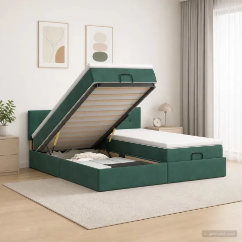 vidaXL Pat ottoman cu saltea cu headboard 2 buc. Verde închis Catifea