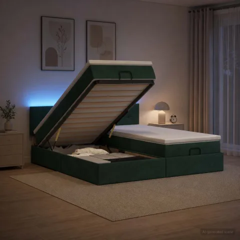 vidaXL Pat Ottoman cu Saltea și LED Verde închis 200 x 200 cm Catifea
