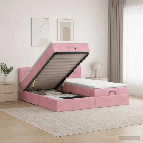 vidaXL Pat ottoman cu saltea cu headboard 2 buc. Roz Catifea