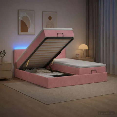 vidaXL Pat Ottoman cu Saltea și LED Roz 200 x 200 cm Catifea